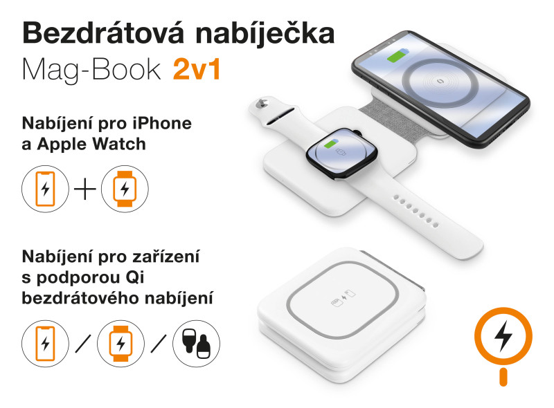 Bezdrôtová nabíjačka ALIGATOR Mag-Book 2v1, určené pre MagSafe a nabíjanie Apple Watch, 15W, biela 