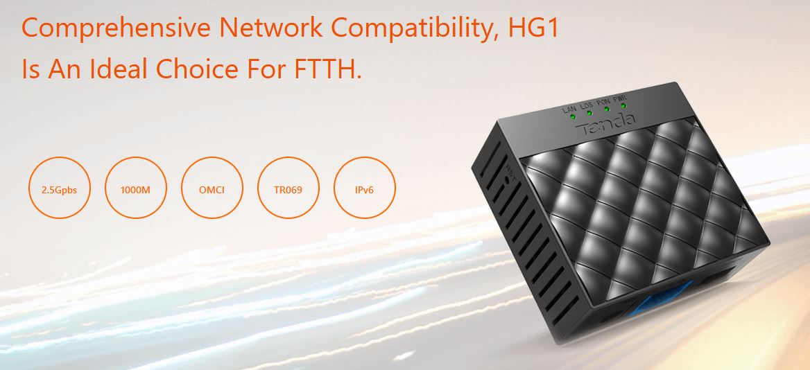 Tenda HG1 - terminál GPON ONT, 1x GPON (port SC/ APC), Class B+, 1x GLAN, IPv6, OMCI, TR069, FTTH 