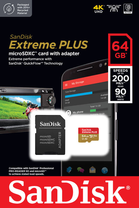 SanDisk Extreme PLUS/ micro SDXC/ 64GB/ 200MBps/ UHS-I U3/ Class 10/ + Adaptér 