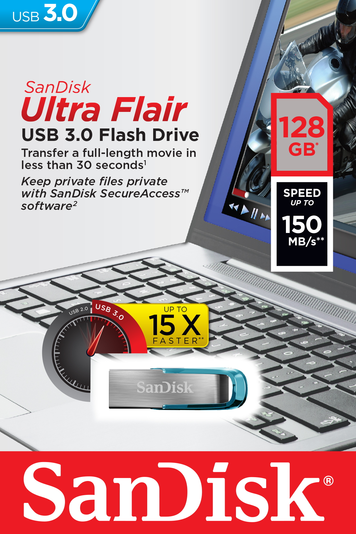 SanDisk Ultra Flair/ 128GB/ USB 3.0/ USB-A/ Modrá 