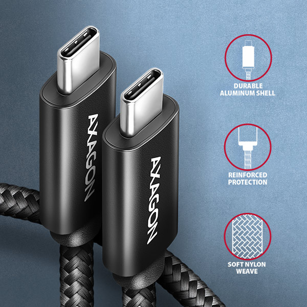 AXAGON BUCM2-CM15AB, CHARGE kábel USB-C <-> USB-C, 1.5m, Hi-Speed ??USB, PD 240W 5A, ALU, oplet, čierny 