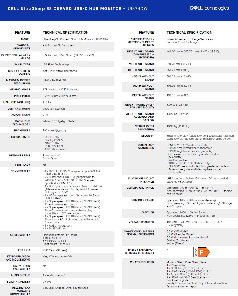 Dell UltraSharp/ U3824DW/ 37, 52"/ IPS/ QHD+/ 60Hz/ 8ms/ Black/ 3R 