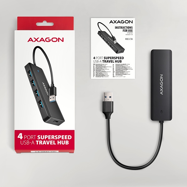 AXAGON HUE-C1A, 4x USB 5Gbps TRAVEL hub, USB-C napájací konektor, kábel USB-A 19cm 
