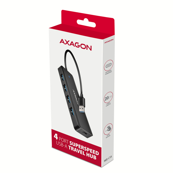 AXAGON HUE-C1A, 4x USB 5Gbps TRAVEL hub, USB-C napájací konektor, kábel USB-A 19cm 