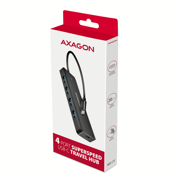 AXAGON HUE-C1C, 4x USB 5Gbps TRAVEL hub, USB-C napájací konektor, kábel USB-C 19cm 