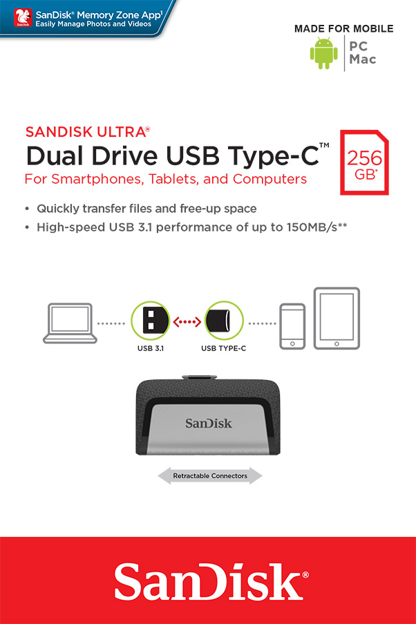 SanDisk Ultra Dual/ 256 GB/ USB 3.1/ USB-A + USB-C/ Sivá 