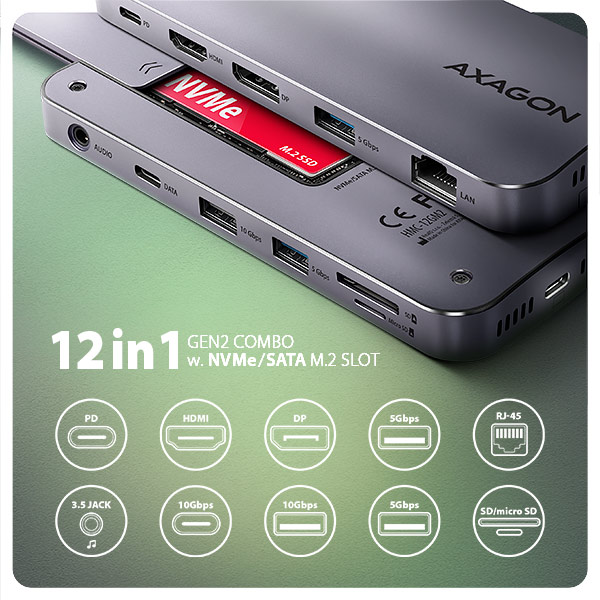 AXAGON HMC-12GM2, USB 10Gbps húb, 3x USB-A, USB-C, HDMI, DP, RJ-45 GLAN, M.2, SD/ mSD, audio, PD 