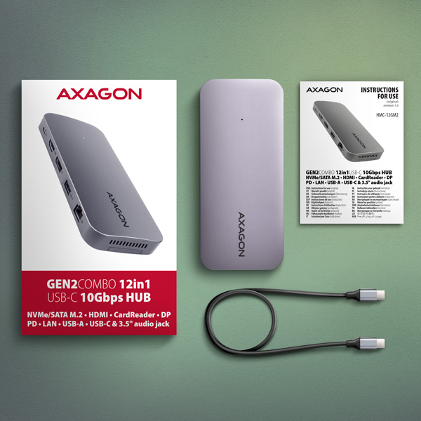 AXAGON HMC-12GM2, USB 10Gbps húb, 3x USB-A, USB-C, HDMI, DP, RJ-45 GLAN, M.2, SD/ mSD, audio, PD 