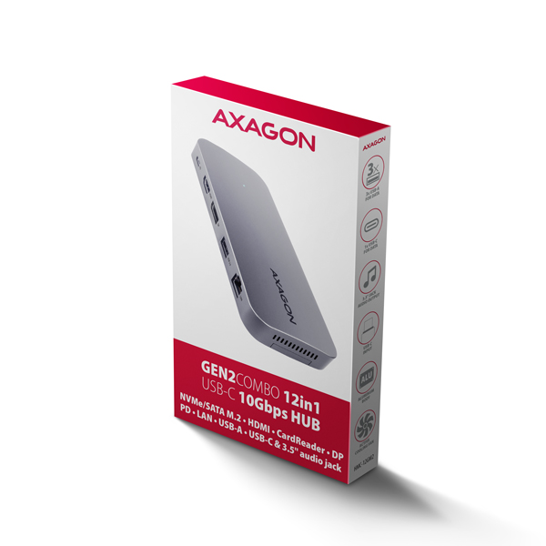 AXAGON HMC-12GM2, USB 10Gbps húb, 3x USB-A, USB-C, HDMI, DP, RJ-45 GLAN, M.2, SD/ mSD, audio, PD 