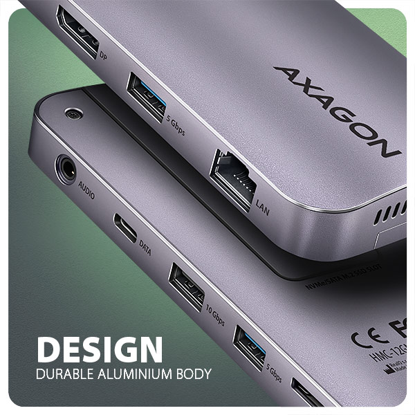 AXAGON HMC-12GM2, USB 10Gbps húb, 3x USB-A, USB-C, HDMI, DP, RJ-45 GLAN, M.2, SD/ mSD, audio, PD 