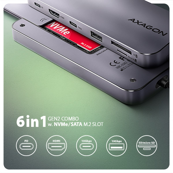 AXAGON HMC-6GM2, USB 10Gbps hub, USB-A, USB-C, HDMI, M.2 slot, SD/ MicroSD, PD 100W, kábel 20cm 