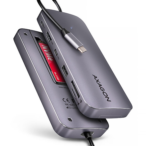 AXAGON HMC-6GM2, USB 10Gbps hub, USB-A, USB-C, HDMI, M.2 slot, SD/ MicroSD, PD 100W, kábel 20cm