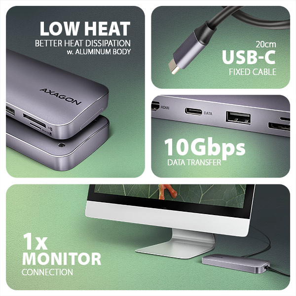 AXAGON HMC-6GM2, USB 10Gbps hub, USB-A, USB-C, HDMI, M.2 slot, SD/ MicroSD, PD 100W, kábel 20cm 