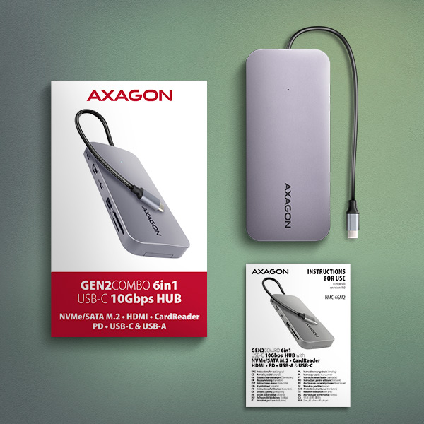 AXAGON HMC-6GM2, USB 10Gbps hub, USB-A, USB-C, HDMI, M.2 slot, SD/ MicroSD, PD 100W, kábel 20cm 