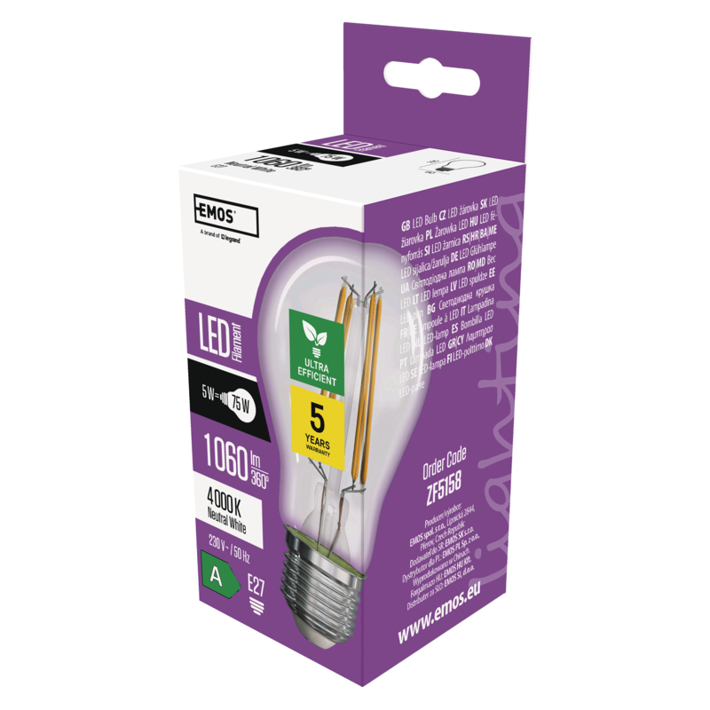 LED žiarovka A60/ E27/ 5W/ 75W/ 1060lm/ neutrálna biela