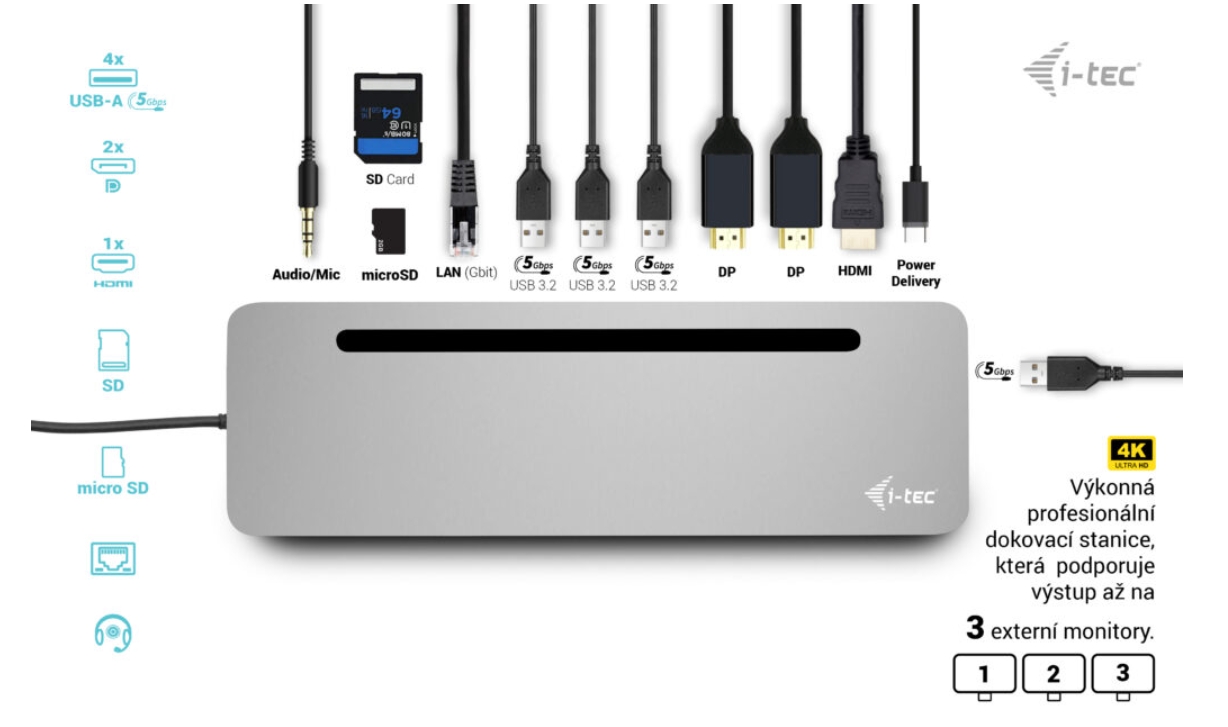 i-tec USB-C Metal Ergonomic 3x 4K Display Docking Station, Power Delivery 100 W 