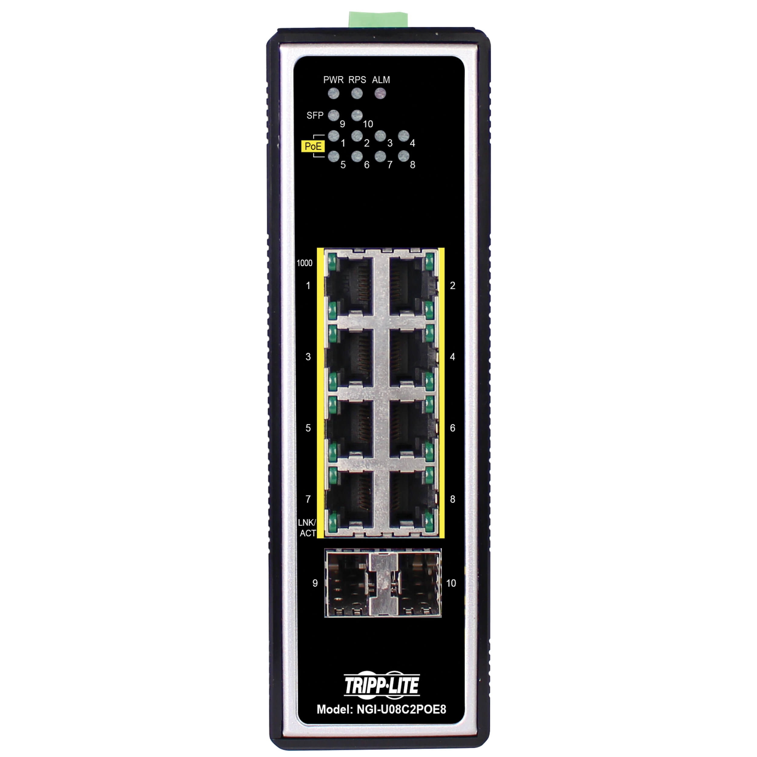 Tripplite Prepínač 8xzdroj Unmanaged Ethernet Switch, 10/ 100/ 1000Mb/ s, 2GbE SFP, PoE+30W, -40°+75°C, DIN 