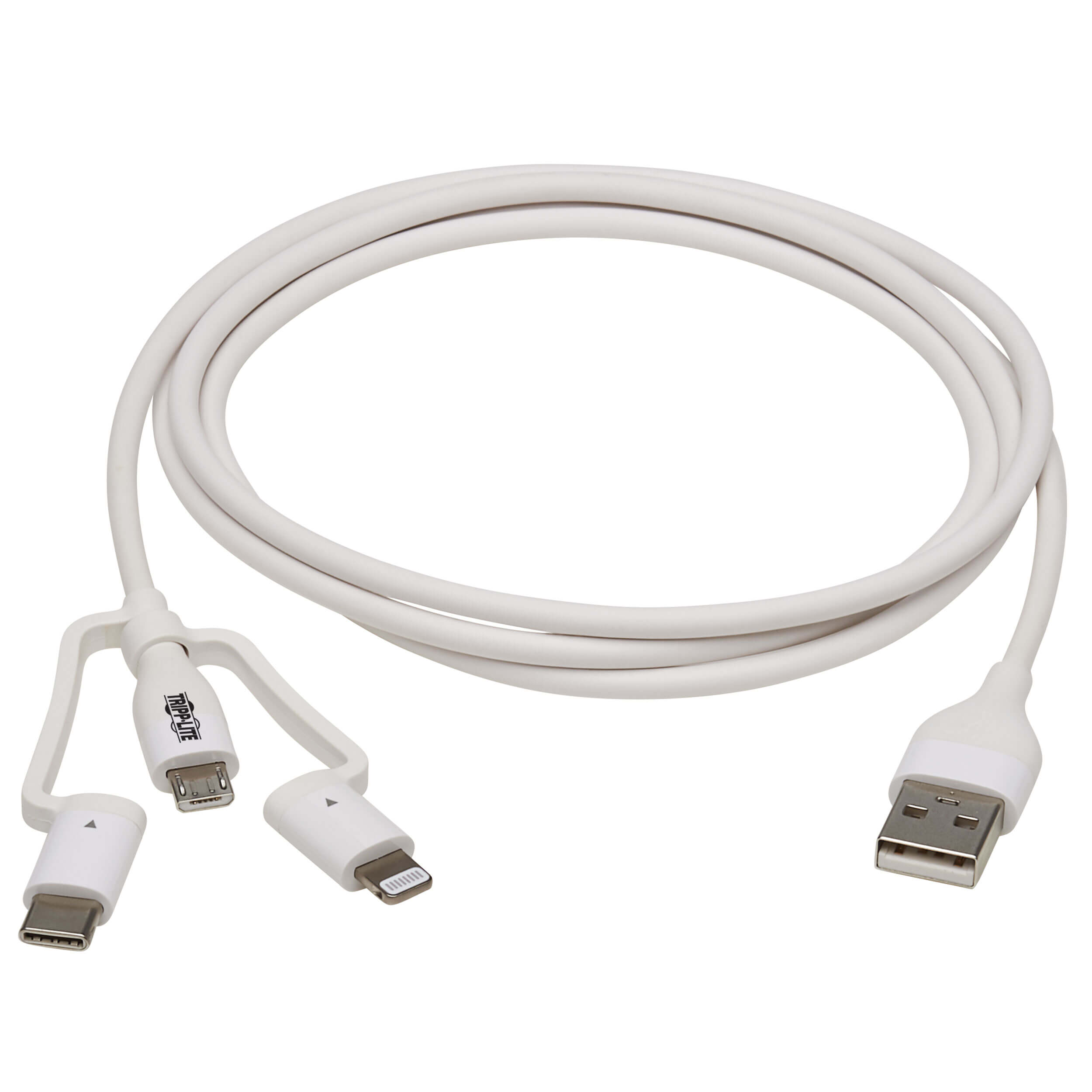 Tripplite Kabel USB-A/ Light.+Micro-B+USB-C, Synch/ Nabíjení, MFi, Samec/ 3xSamec, Safe-IT Antib, bílá, 1.2m 