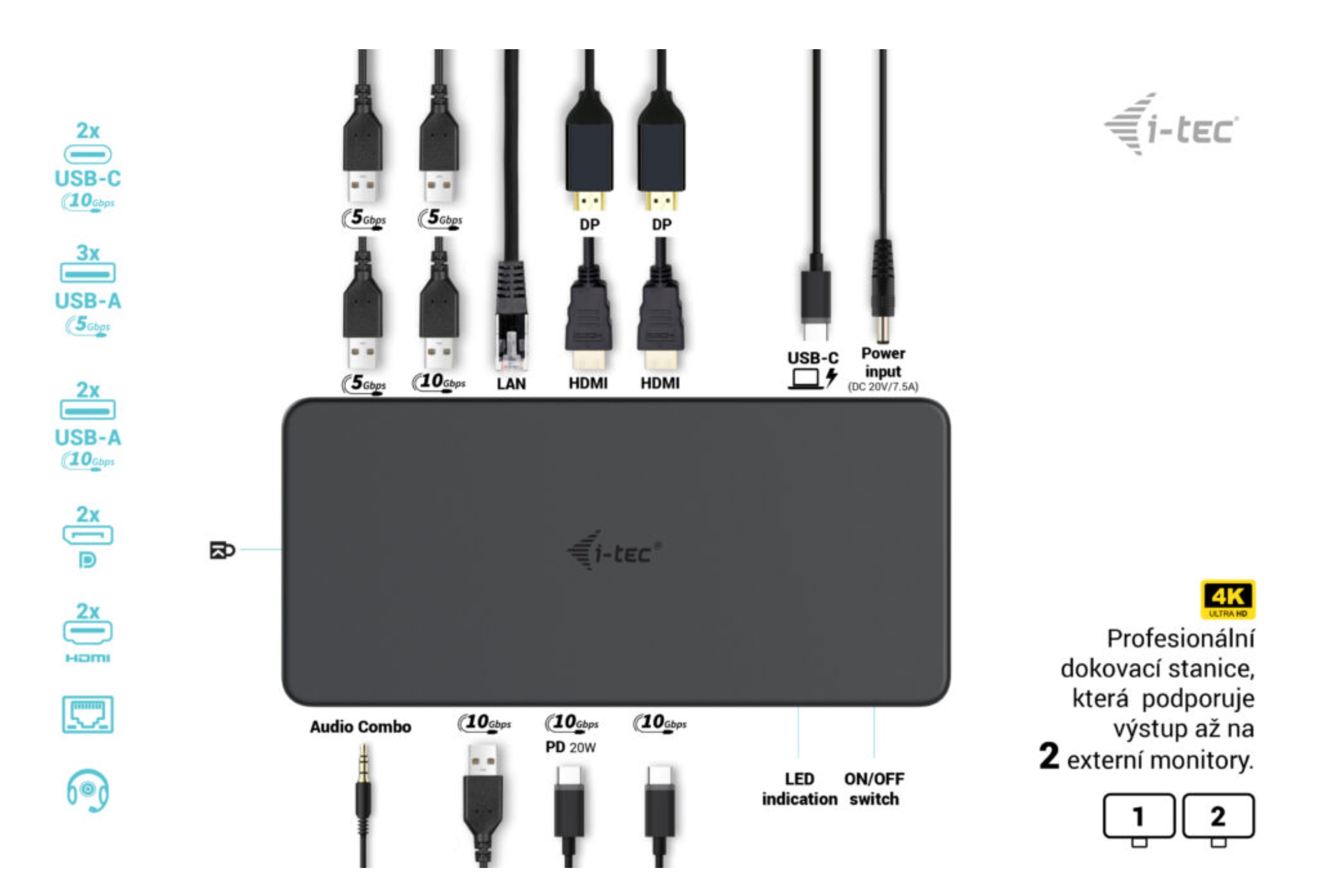 i-tec USB 3.0/ USB-C/ Thunderbolt 3 Professional Dual 4K Display Docking Station Gen2, PD 100W 