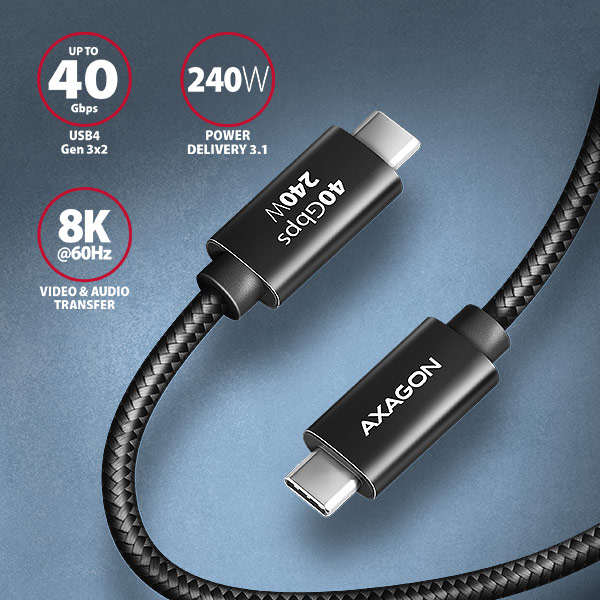 AXAGON BUCM4X-CM10AB NewGEN+ kábel USB-C <-> USB-C, 1m, USB4 Gen 3×2, PD 240W 5A, 8K HD, ALU, oplet 