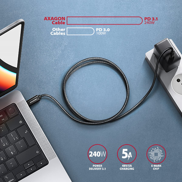 AXAGON BUCM4X-CM10AB NewGEN+ kábel USB-C <-> USB-C, 1m, USB4 Gen 3×2, PD 240W 5A, 8K HD, ALU, oplet 