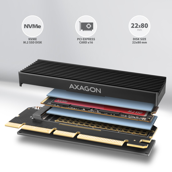 AXAGON PCEM2-XS, PCIe x16 - M.2 NVMe M-key slot adaptér, kryt s chladičom pre pasívne chladenie 