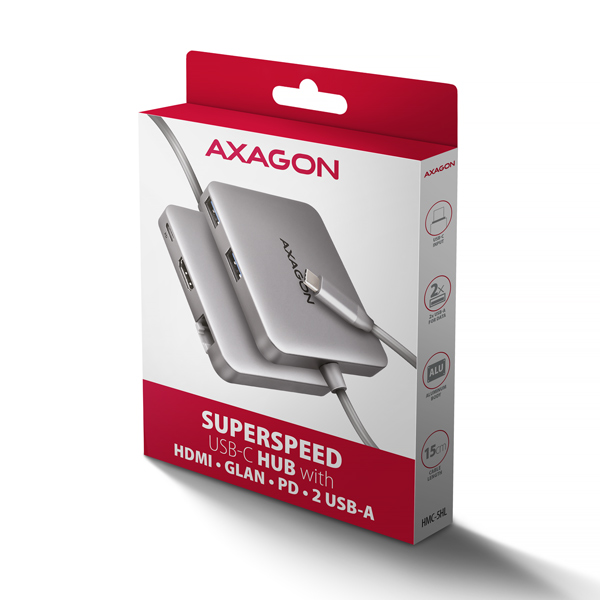 AXAGON HMC-5HL, USB 5Gbps hub, 2x USB-A, HDMI 4k/ 60Hz, RJ-45 GLAN, PD 100W, kábel USB-C 20cm 
