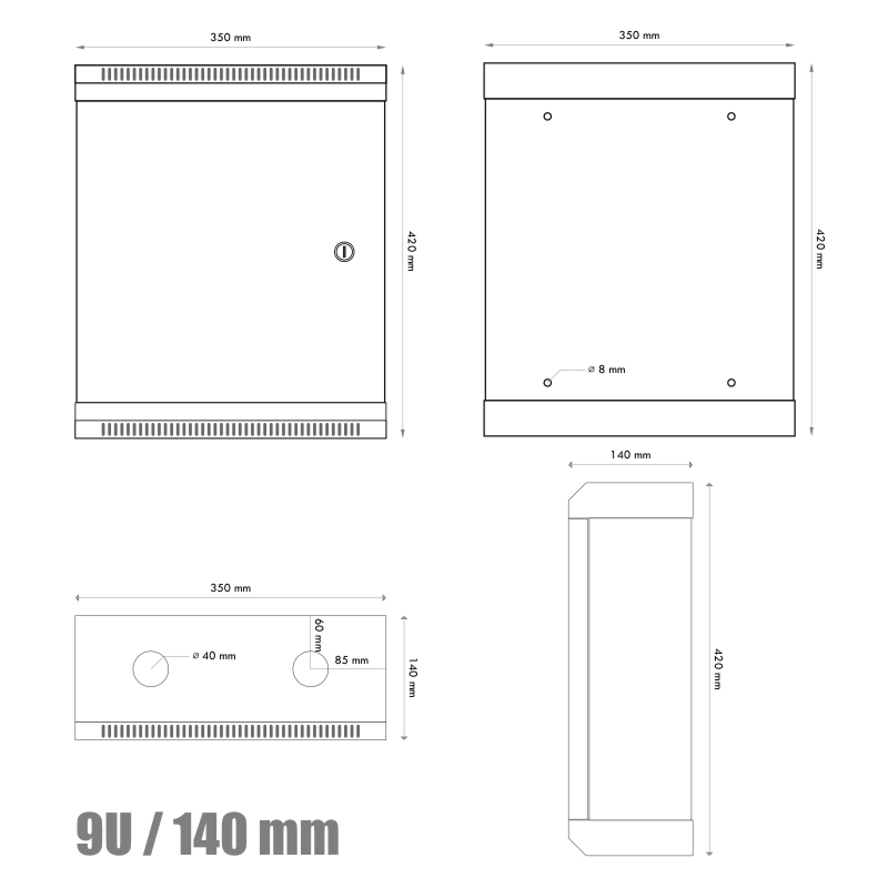 10" rack jednodílný 9U/ 140 DATACOM černý plech.dveře 