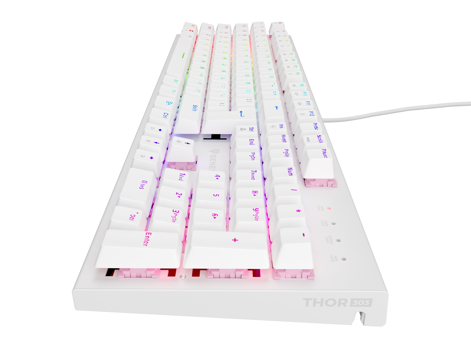 Genesis herná mechanická klávesnica THOR 303/ RGB/ Outemu Peach Silent/ Drôtová USB/ US layout/ Biela 