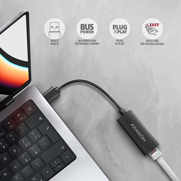 AXAGON ADE-AR, USB-A 3.2 Gen 1 - Gigabit Ethernet sieťová karta, Realtek 8153, auto inštal 