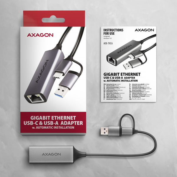 AXAGON ADE-TXCA, USB-C + USB-A 3.2 Gen 1 - Gigabit Ethernet sieťová karta, Asix AX88179, auto inštal 