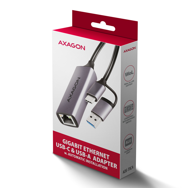 AXAGON ADE-TXCA, USB-C + USB-A 3.2 Gen 1 - Gigabit Ethernet sieťová karta, Asix AX88179, auto inštal 