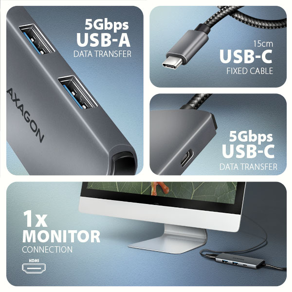 AXAGON HMC-5H8K, USB 5Gbps hub, 2x USB-A, USB-C, HDMI 8k/ 30Hz, PD 100W, kábel USB-C 15cm 