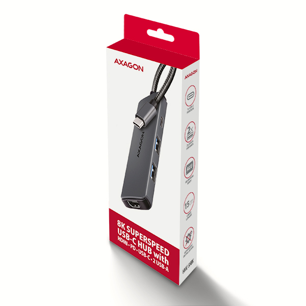 AXAGON HMC-5H8K, USB 5Gbps hub, 2x USB-A, USB-C, HDMI 8k/ 30Hz, PD 100W, kábel USB-C 15cm 