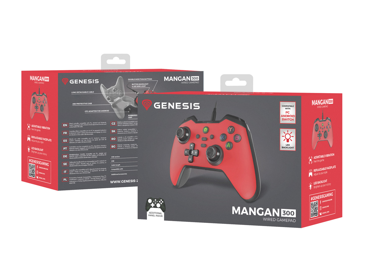 Drátový gamepad Genesis MANGAN 300, pro PC/ Switch/ Mobil, červený 