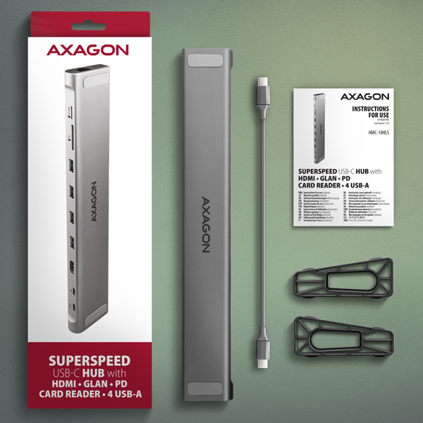 AXAGON HMC-10HLS, USB 5Gbps húb, 4x USB-A, HDMI 4k/ 60Hz, RJ-45 GLAN, SD/ mSD, PD 100W, kábel 25cm 