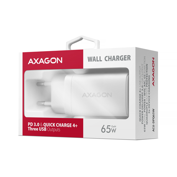 AXAGON ACU-DPQ65W, GaN nabíjačka do siete 65W, 3x port (USB-A + dual USB-C), PD3.0/ QC4+/ PPS/ Apple 