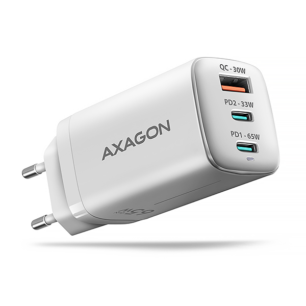 AXAGON ACU-DPQ65W, GaN nabíjačka do siete 65W, 3x port (USB-A + dual USB-C), PD3.0/ QC4+/ PPS/ Apple