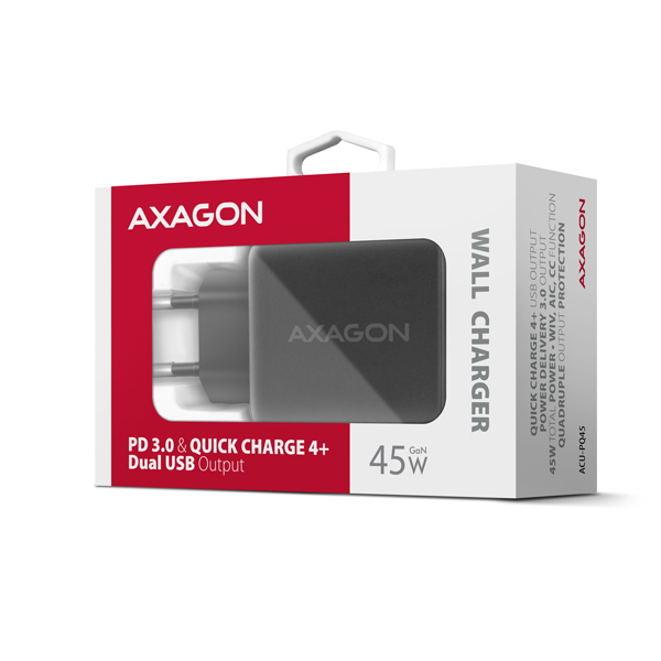 AXAGON ACU-PQ45 GaN nabíjačka do siete 45W, 2x port (USB-A + USB-C), PD3.0/ PPS/ QC4+/ SFC 2.0/ AFC/ Apple 