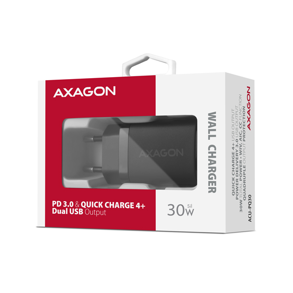 AXAGON ACU-PQ30 Síl nabíjačka do siete 30W, 2x port (USB-A + USB-C), PD3.0/ PPS/ QC4+/ SFC/ AFC/ Apple 