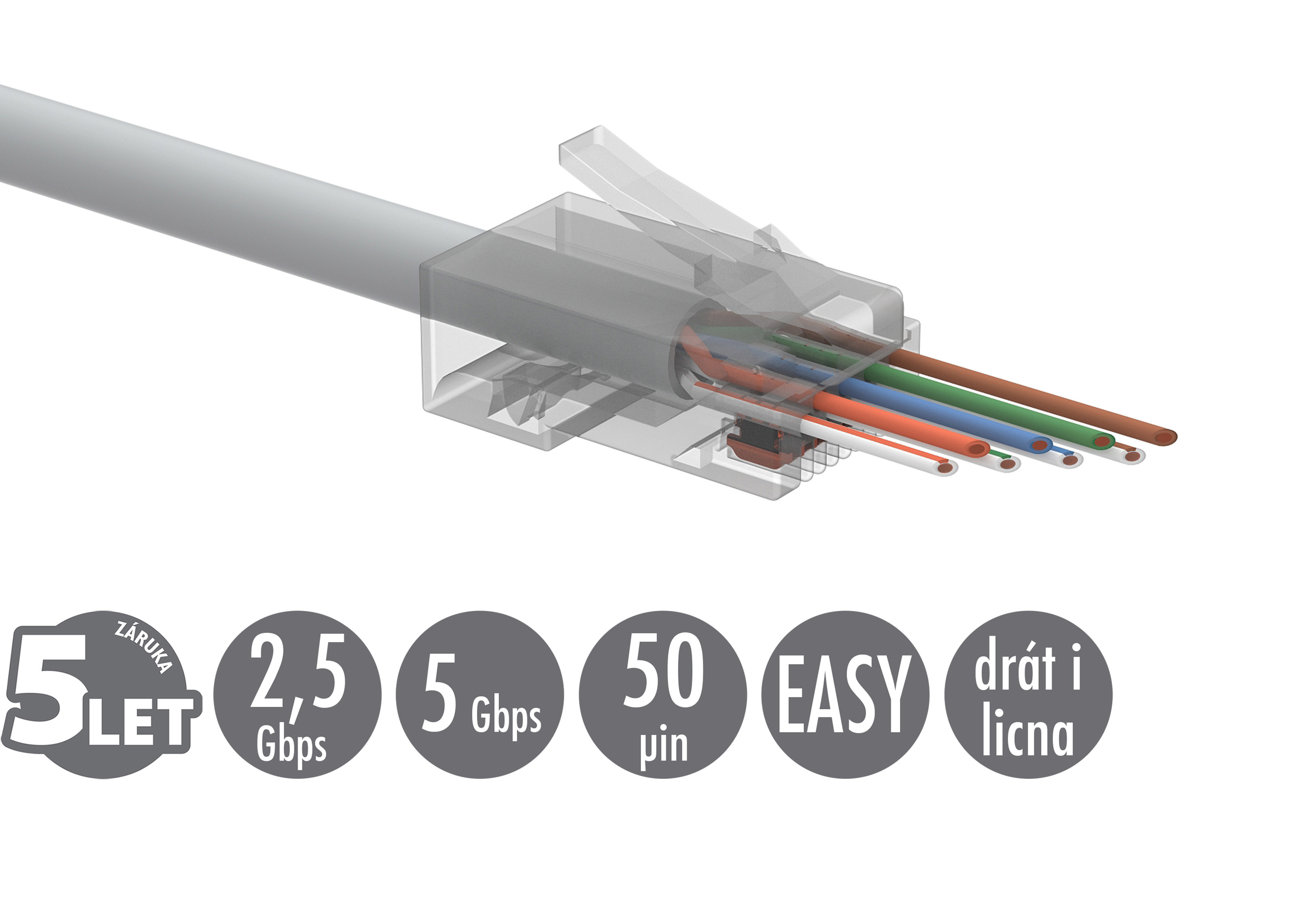 Univerzálny EASY konektor RJ45 CAT5E UTP 8p8c na drôt aj licnu SXRJ45-5E-UTP-EASY