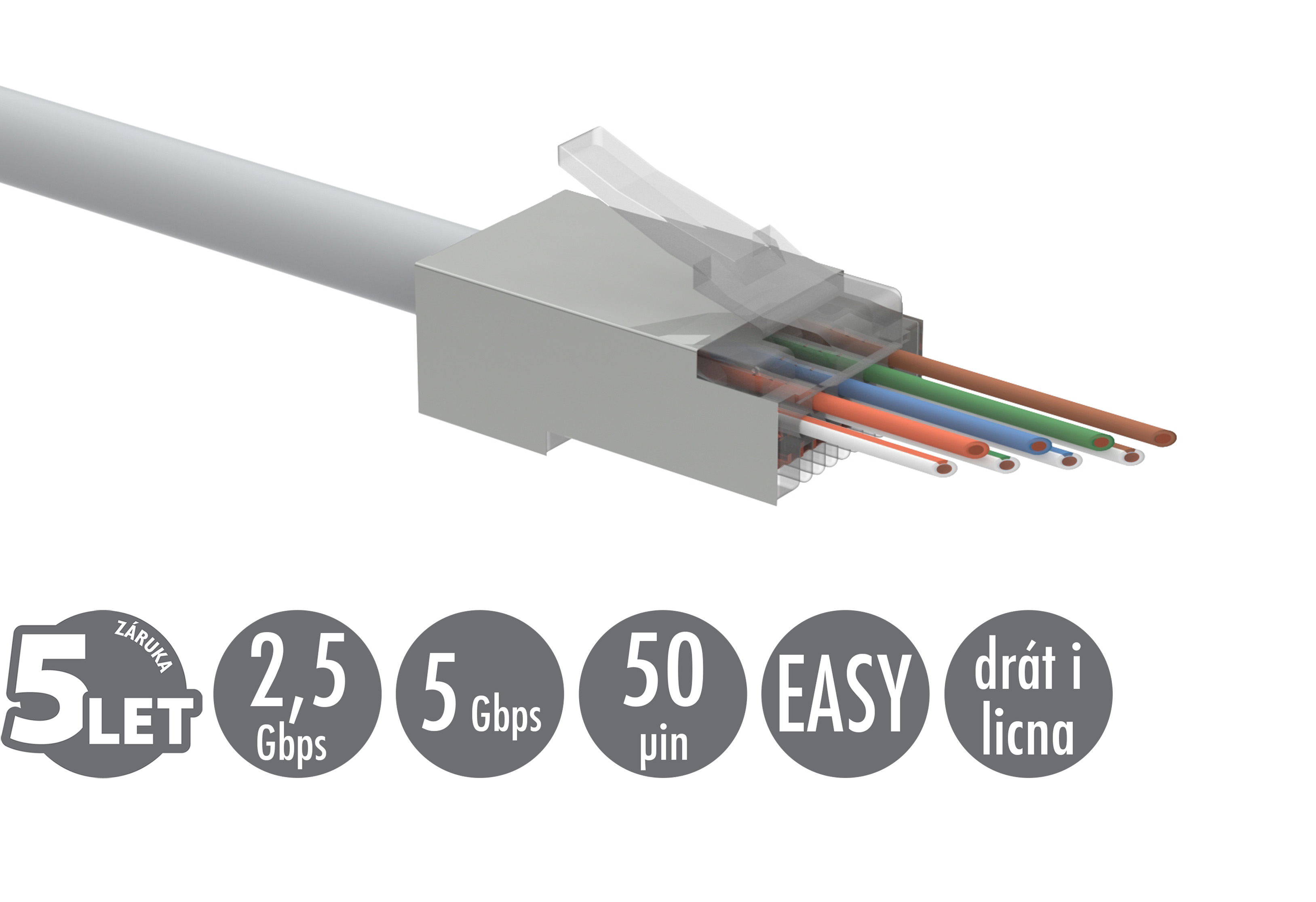 Univerzálny EASY konektor RJ45 CAT5E STP 8p8c na drôt aj licnu SXRJ45-5E-STP-EASY