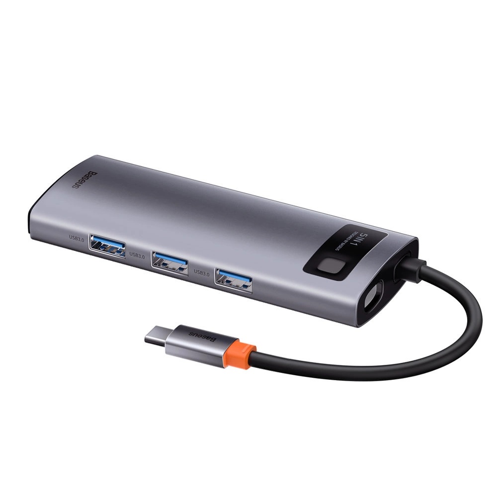 Baseus USB Hub Metal Gleam Series 5v1 (USB-C PD 100W, 3x USB 3.0, HDMI) sivý 