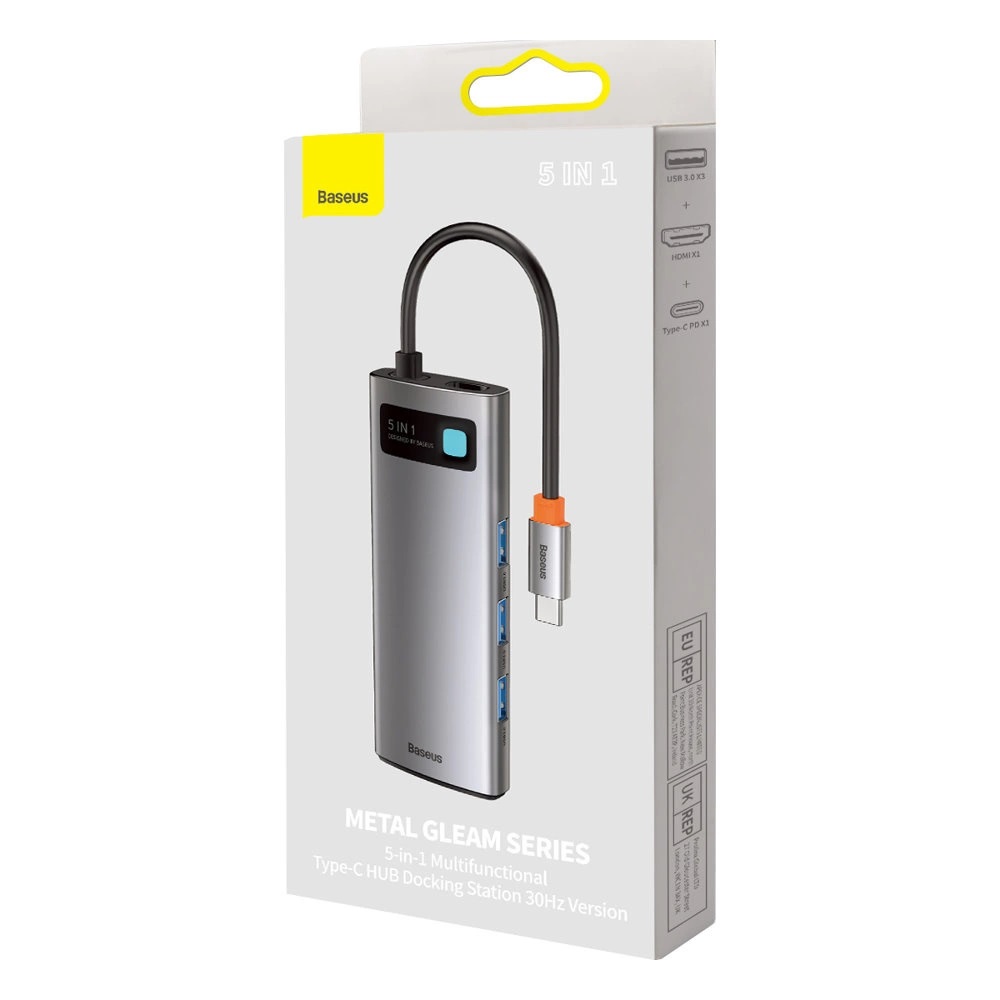 Baseus USB Hub Metal Gleam Series 5v1 (USB-C PD 100W, 3x USB 3.0, HDMI) sivý 