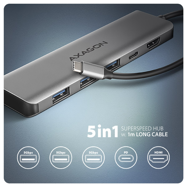AXAGON HMC-5H, USB 5Gbps hub, 3x USB-A, HDMI 4k/ 30Hz, PD 100W, kábel USB-C 100cm 