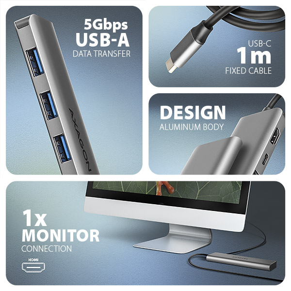 AXAGON HMC-5H, USB 5Gbps hub, 3x USB-A, HDMI 4k/ 30Hz, PD 100W, kábel USB-C 100cm 