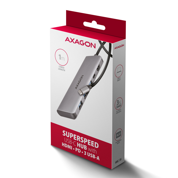AXAGON HMC-5H, USB 5Gbps hub, 3x USB-A, HDMI 4k/ 30Hz, PD 100W, kábel USB-C 100cm 
