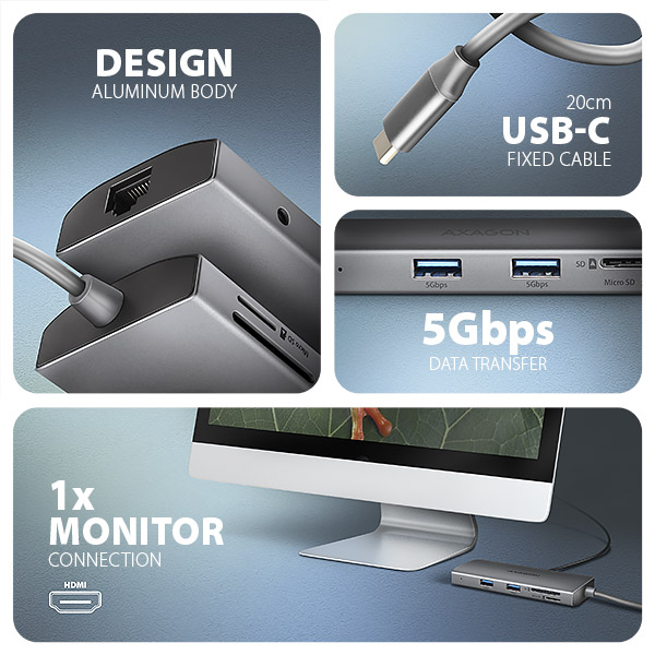 AXAGON HMC-8HLSA, USB 5Gbps hub, 3x USB-A, HDMI 4k/ 60Hz, RJ-45 GLAN, SD/ microSD, audio, PD 100W 