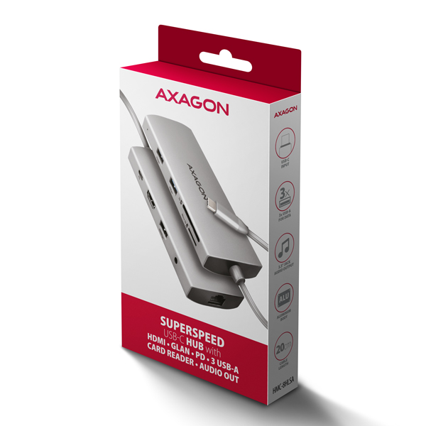 AXAGON HMC-8HLSA, USB 5Gbps hub, 3x USB-A, HDMI 4k/ 60Hz, RJ-45 GLAN, SD/ microSD, audio, PD 100W 