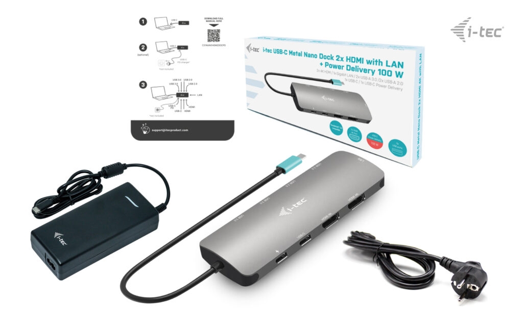 i-tec USB-C Metal Nano 2x HDMI Docking Station, PD 100W + Charger 112W 